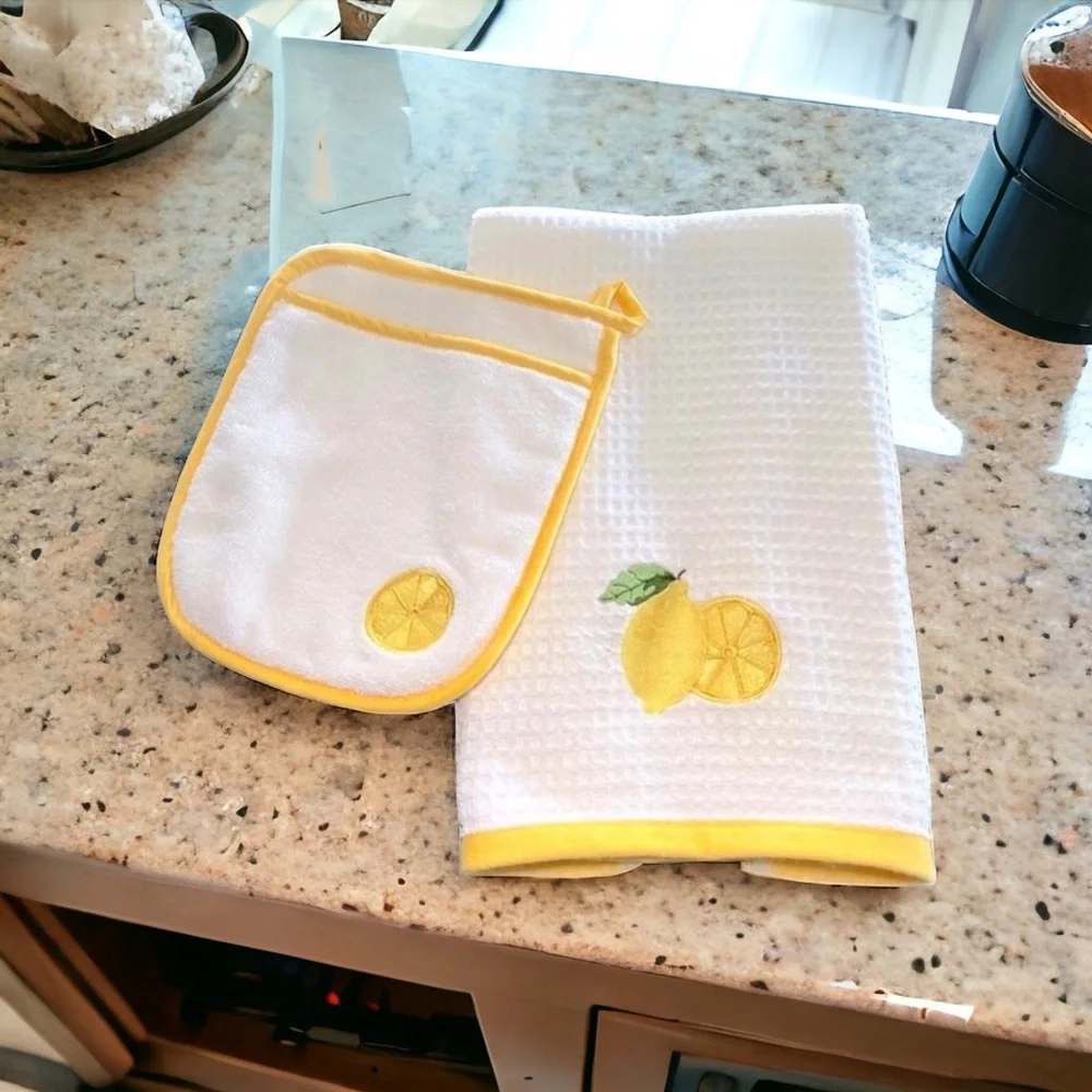 LA PATISSERIE Lemon Kitchen Towel Pot Holder Set Turkish Cotton Waffle White 2Pc